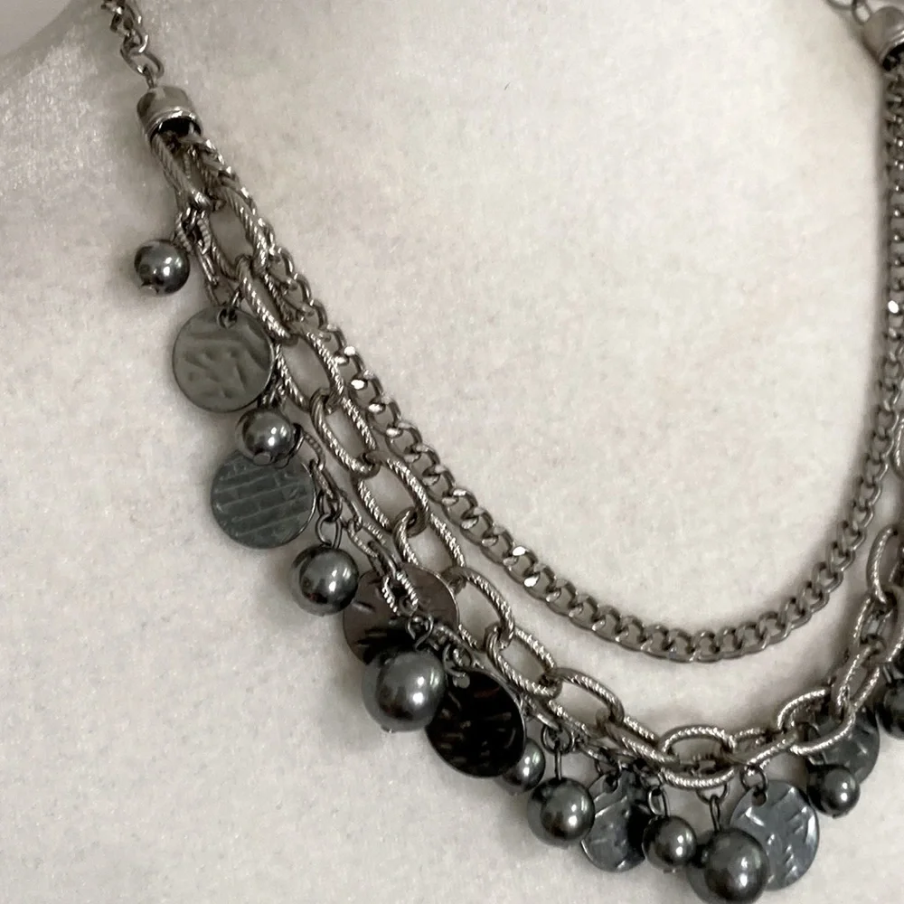 Silver Rocker Rebel Edgy Layered Bead Discs Coins Textured Chain Necklace